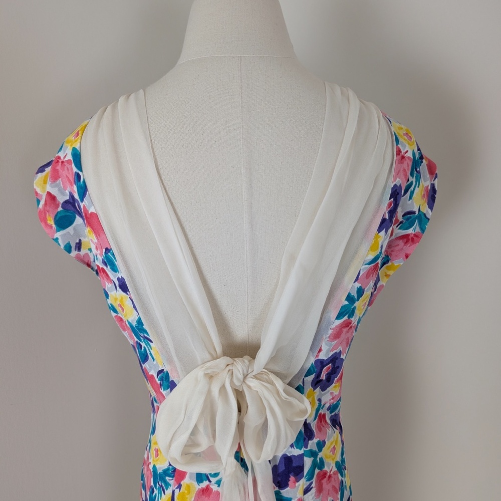 Vintage Floral Mini Dress Open Back Short Sleeve Dollman Fitted Tight Pencil - Picture 7 of 11